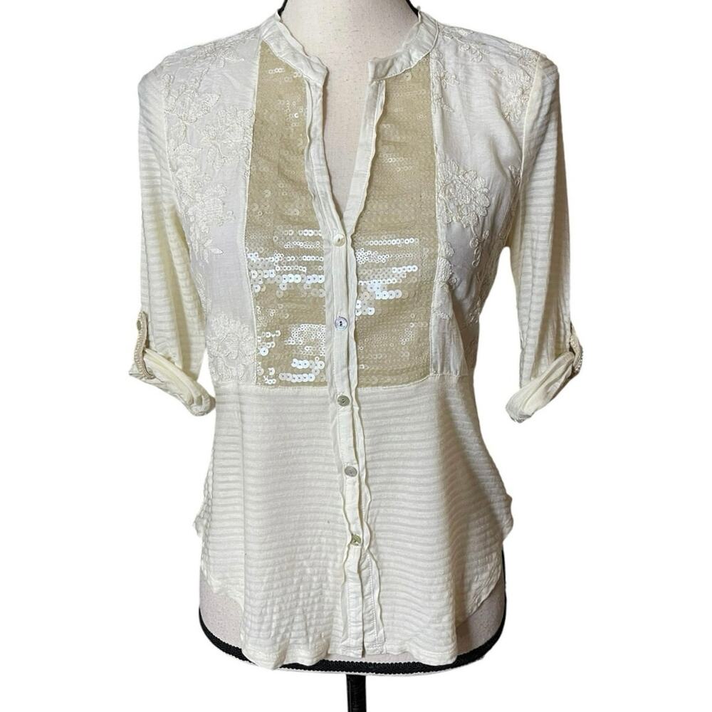 Anthropologie TINY Sequin Embroidered Lace Button Down Top Small Ivory Boho